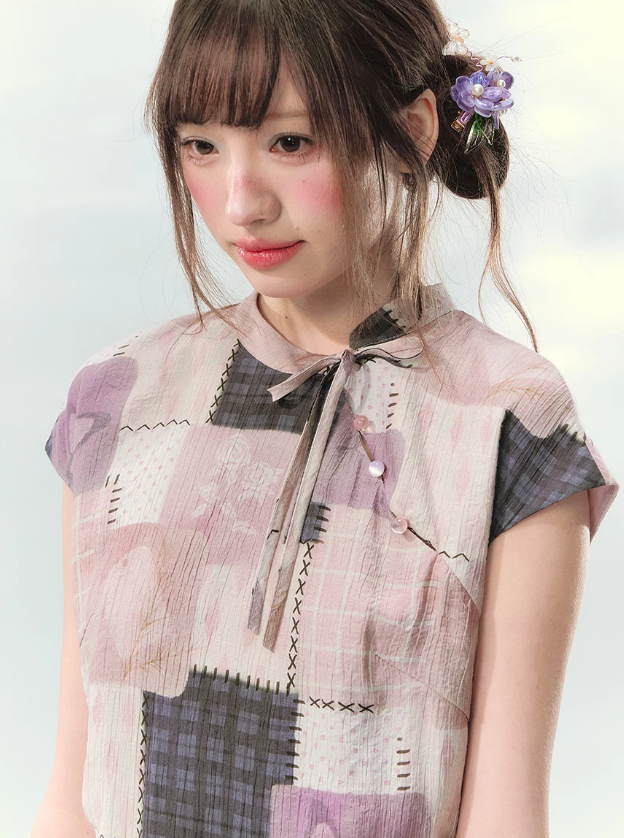 “Wisteria Poetry” Purple Patchwork Print Cheongsam Dress