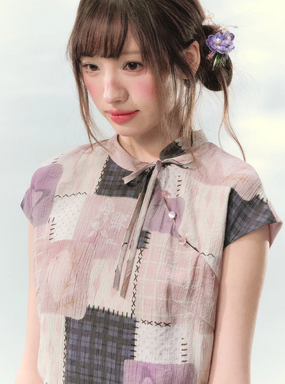 “Wisteria Poetry” Purple Patchwork Print Cheongsam Dress