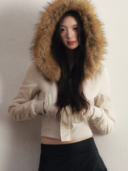 1P - Beige Hooded Cotton-Padded Jacket with Faux Fur Collar