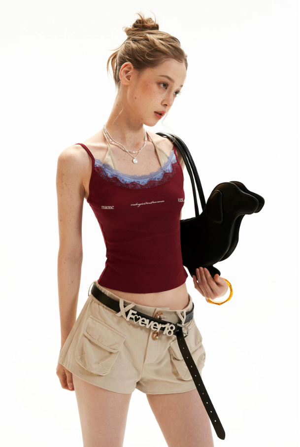 Layered Lace Letter Embroidered Cami Top