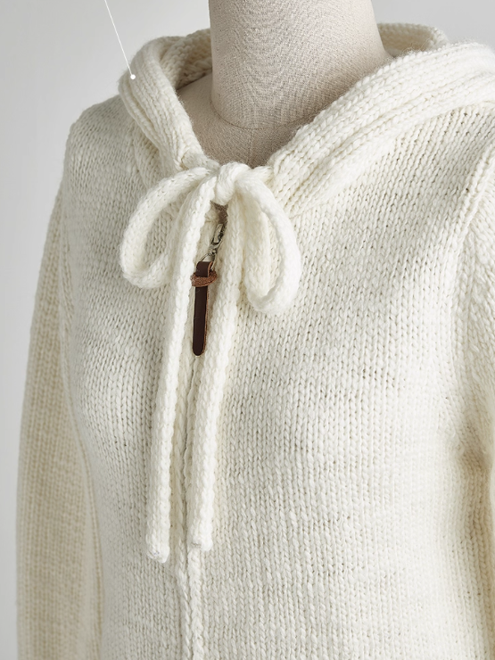 FUSSED Almond Cream Cropped Hooded Knit Jacket with Contrast Shell Embroidery FOF-25SS174