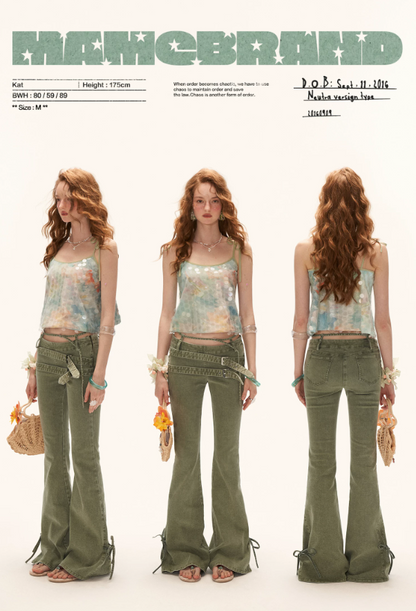 Vintage Multi-Belt Flared Jeans - Olive Green WE938