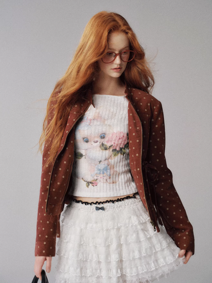 "时光画布" Polka Dot Cropped Jacket with Bow Details (Deep Red)