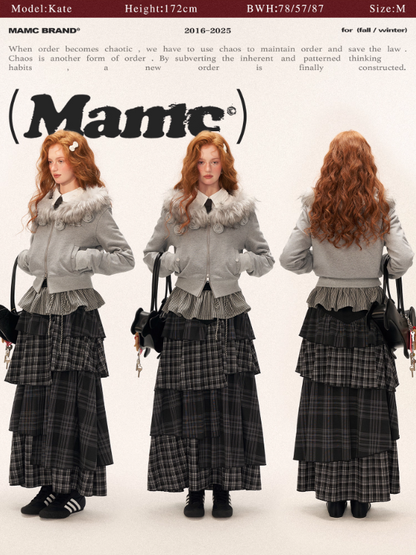 MAMC - Asymmetrical Shoulder Detachable Fur Collar Floral Jacket WE762 - GRAY