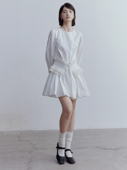 FUSSED Fragmented Dream Mist White Pleated Cotton Doll Dress FOF-25SS159a