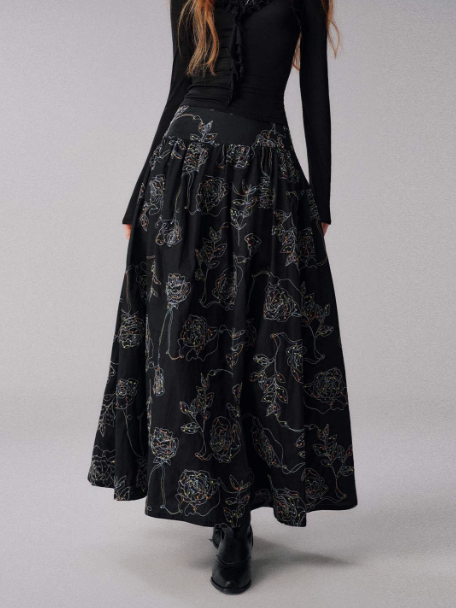 "糖果多巴胺" Color-Accented Embroidered Flared Midi Skirt (Black)