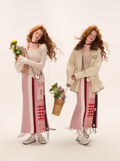 MAMC - Pink Patchwork Fringe Floral Plaid Skirt WE826