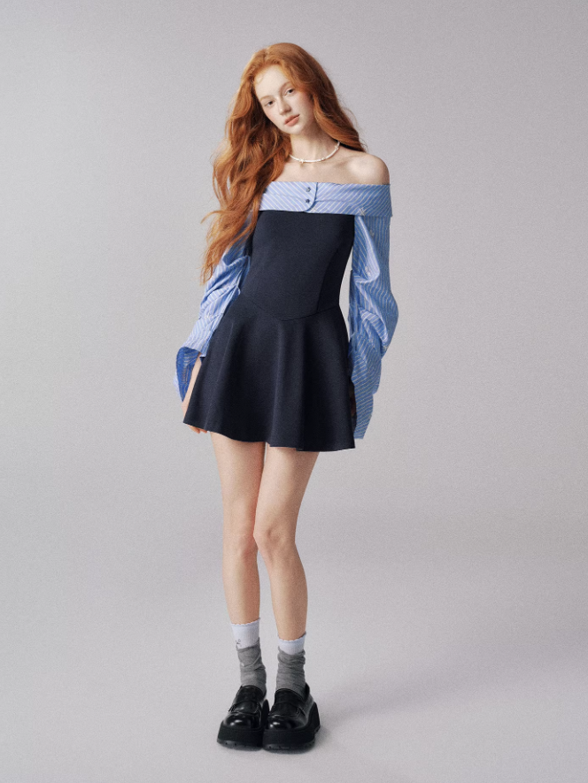 Off-Shoulder Knit Dress with Lantern Sleeves (Navy Blue)