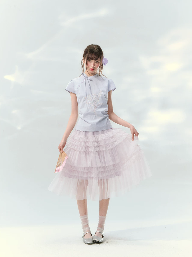 “Taro Peach Layers” Dusty Lilac Tiered Tulle Midi Skirt