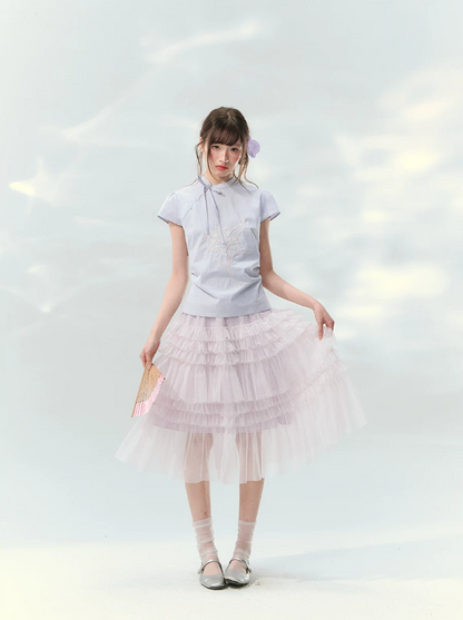 “Taro Peach Layers” Dusty Lilac Tiered Tulle Midi Skirt
