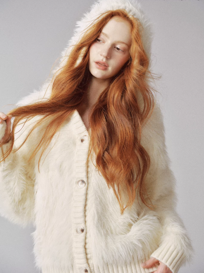 "毛绒雪怪" Beige Faux Fur Pom Knit Hoodie Cardigan