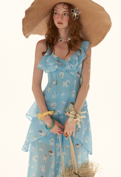 Sky Blue Puppy Print Ruffle Cami & Wide-Leg Pants Set WE969