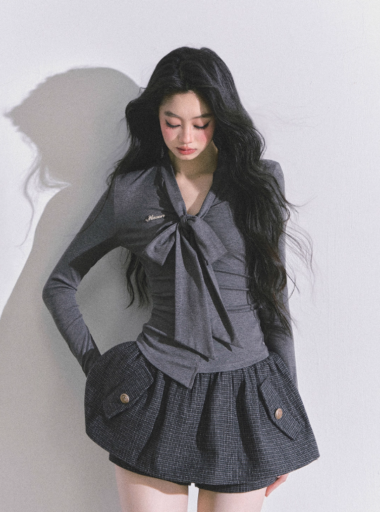 少也眼 Suzy Inspired Minimal Korean V-Neck Slim Fit Long Sleeve Top