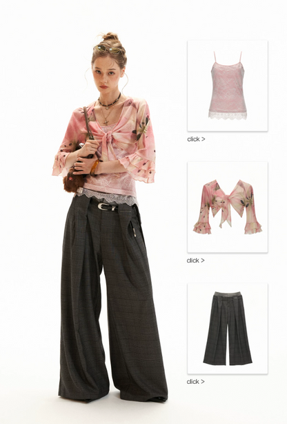 Floral Lace Trim Cami & Tie-Front Cardigan Set WE957