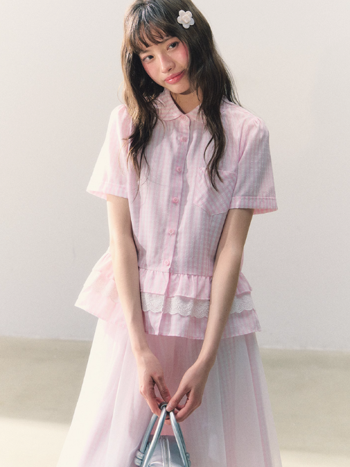 罐头士多所 - 樱绯雨 Pink Gingham Lace Shirt & Tulle-Accented Skirt Set