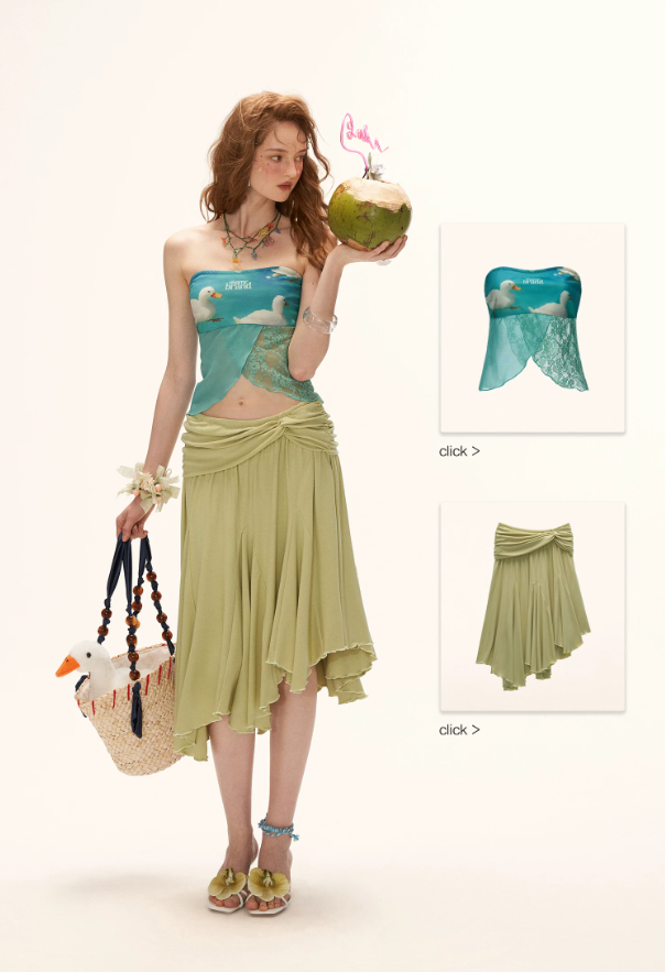 Blue Duck Print Lace Hem Tube Top WE923