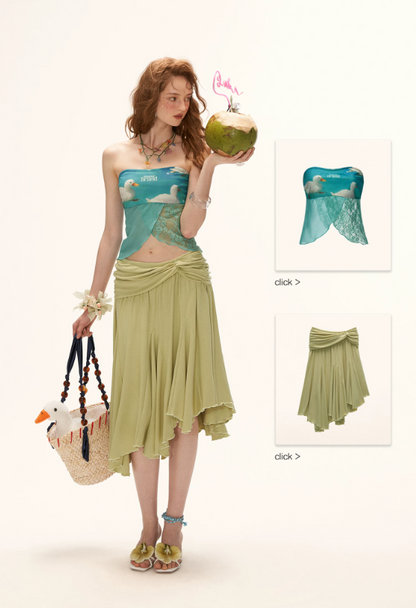 Blue Duck Print Lace Hem Tube Top WE923