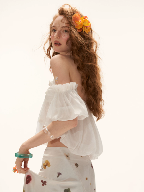 "Ethereal Blossom Veil" Puff Sleeve Layered Camisole Top – White WE925