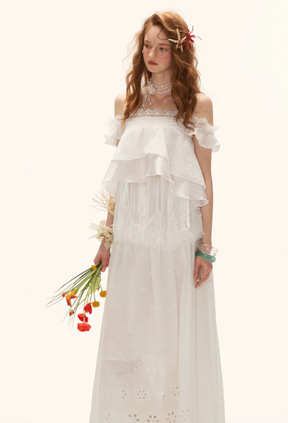 White Lace Ruffle Cami & Eyelet Maxi Skirt Set  WE991