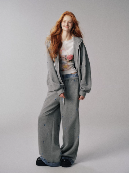 "心动符号" Gray-Blue Plaid 3-Piece MIU-Inspired Set – Hoodie, Pants & Puff Skort