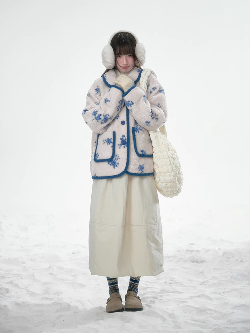 潘羅羅 - Blue Floral Imitation Lambswool Jacket