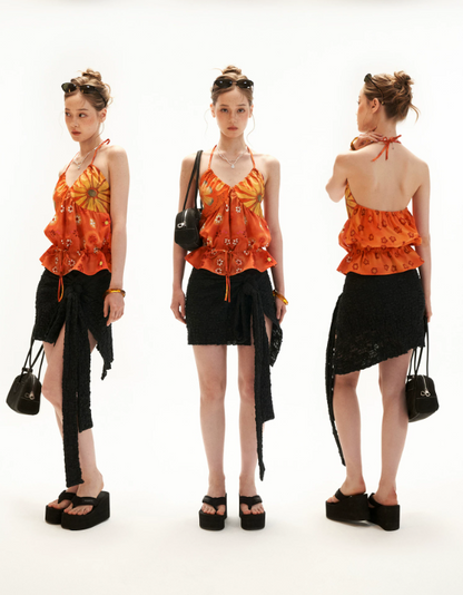 Sunset Bloom Halter Drawstring Top