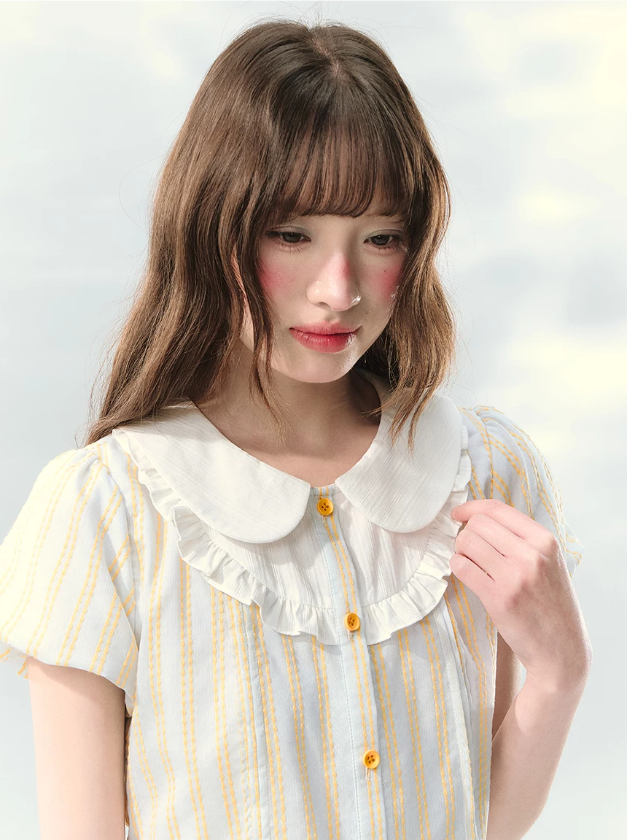 “Spring Lemon Breeze” Milk Blue Striped Shirt & Tiered Mini Skirt Set