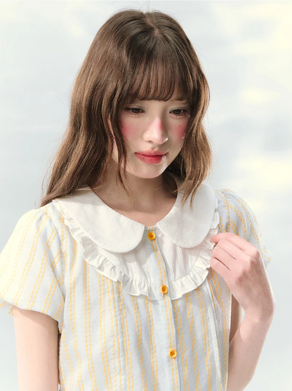 “Spring Lemon Breeze” Milk Blue Striped Shirt & Tiered Mini Skirt Set