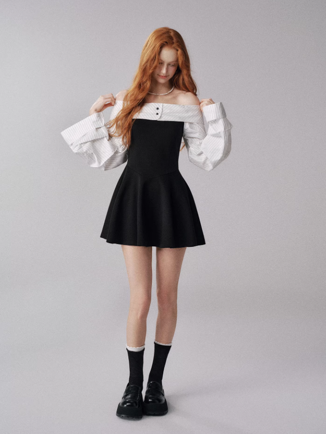 Off-Shoulder Knit Dress with Lantern Sleeves (Black & White)