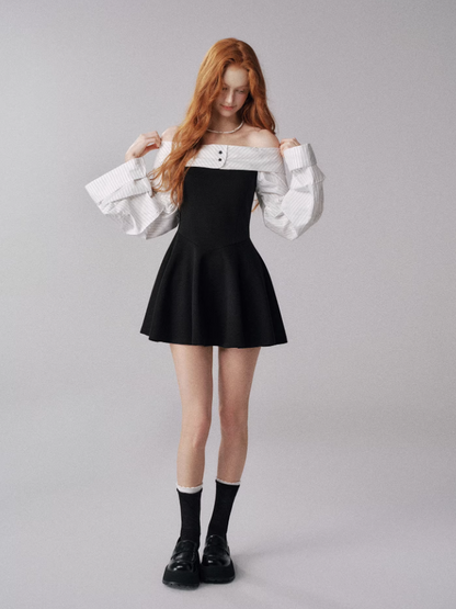 Off-Shoulder Knit Dress with Lantern Sleeves (Black & White)