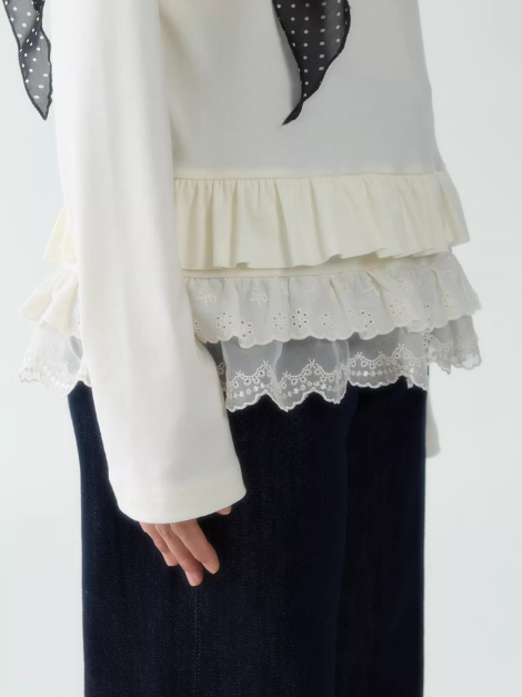 罐头士多所 - Soft Beige Layered Lace Knit Top – Feminine Fall Base Layer