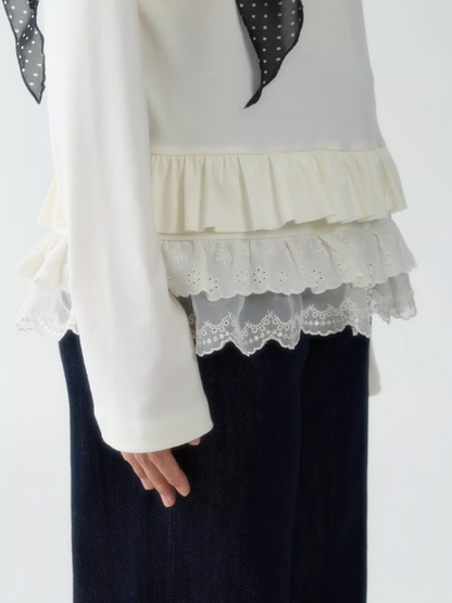罐头士多所 - Soft Beige Layered Lace Knit Top – Feminine Fall Base Layer