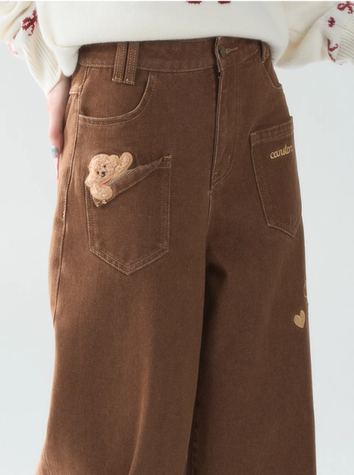 罐头士多所 - "Caramel Teddy" Embroidered Patchwork Pants