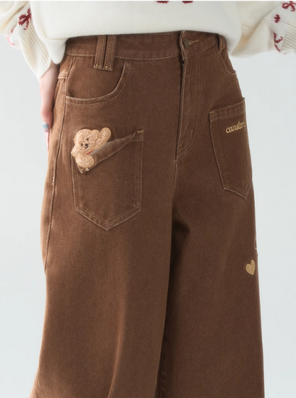 罐头士多所 - "Caramel Teddy" Embroidered Patchwork Pants