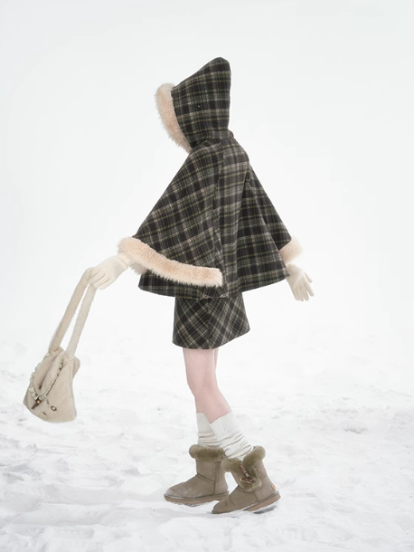 達淵如 - Plaid Cape With Fur Set