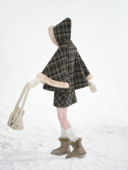 達淵如 - Plaid Cape With Fur Set