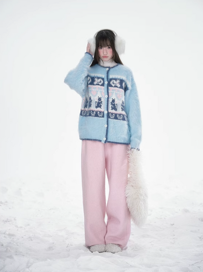 雪邦譚 - Blue Cat Pattern Cardigan
