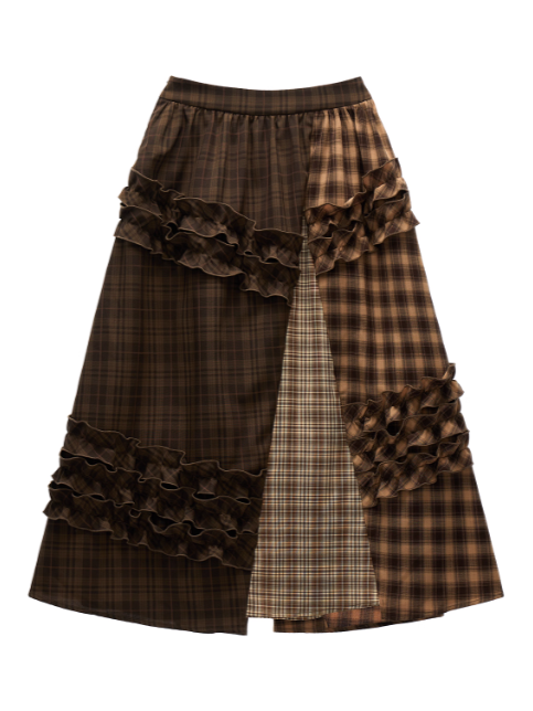 MAMC - Brown Patchwork Plaid Layered Midi Skirt WE738