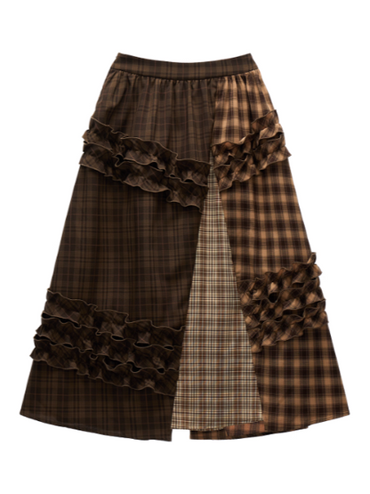 MAMC - Brown Patchwork Plaid Layered Midi Skirt WE738