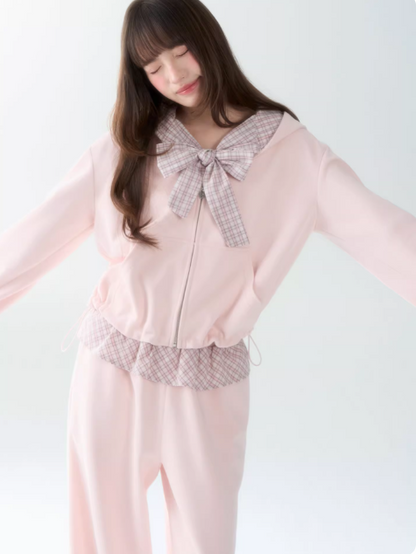 罐头士多所 - Pink Plaid Bow Hoodie & Jogger Set – Preppy Girl Matching Loungewear