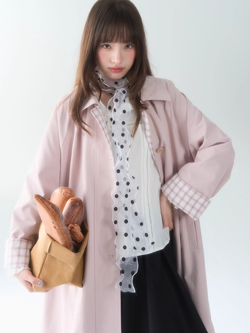 [CAN] Pink A-Line Plaid-Panel Trench Coat with Raglan Sleeves