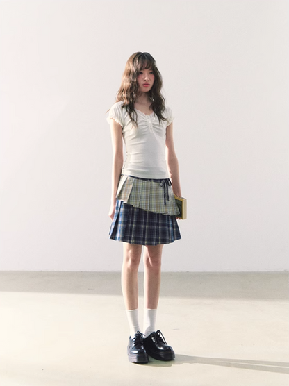 罐头粪便 - Preppy Gingham Patchwork Pleated Skirt – Asymmetric Mini Skirt