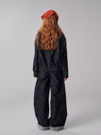 "浆果花园" Cherry Checkered Retro Jacket & Wide-Leg Pants Set