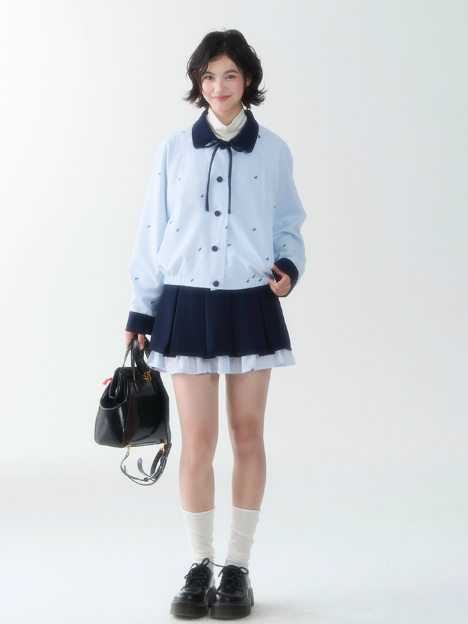 罐头士多所 - Blue Embroidered Butterfly Two-Piece Set – Preppy Contrast Collar Jacket & Skirt