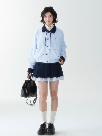 罐头士多所 - Blue Embroidered Butterfly Two-Piece Set – Preppy Contrast Collar Jacket & Skirt