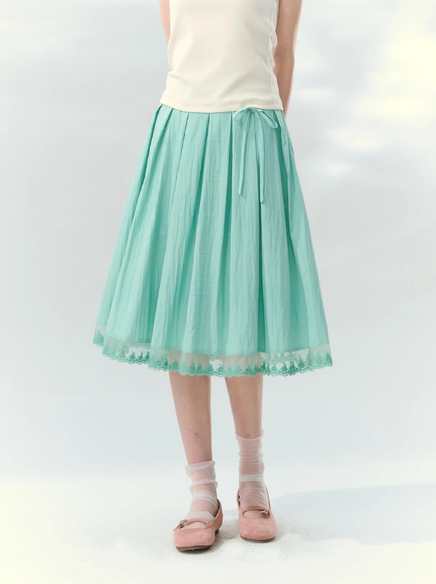 “Mint Waltz” Mint Green Lace Trim Pleated Midi Skirt