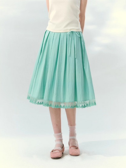 “Mint Waltz” Mint Green Lace Trim Pleated Midi Skirt