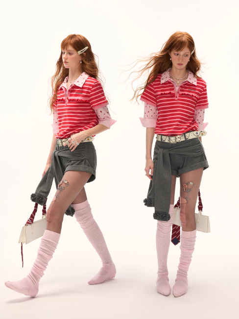 MAMC - Red Striped Layered-Look Polo Tee