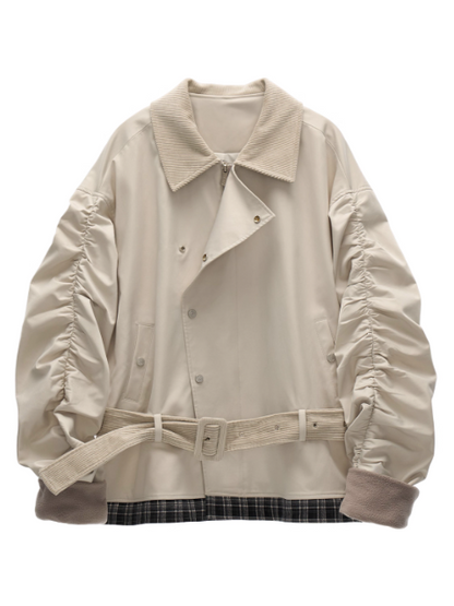 MAMC - Light Gray Corduroy Collar Plaid Patch Jacket WE848