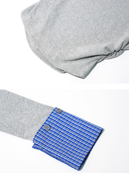 ASGONY - Preppy Detachable Plaid Cuff Long Sleeve Tee (Light Gray)